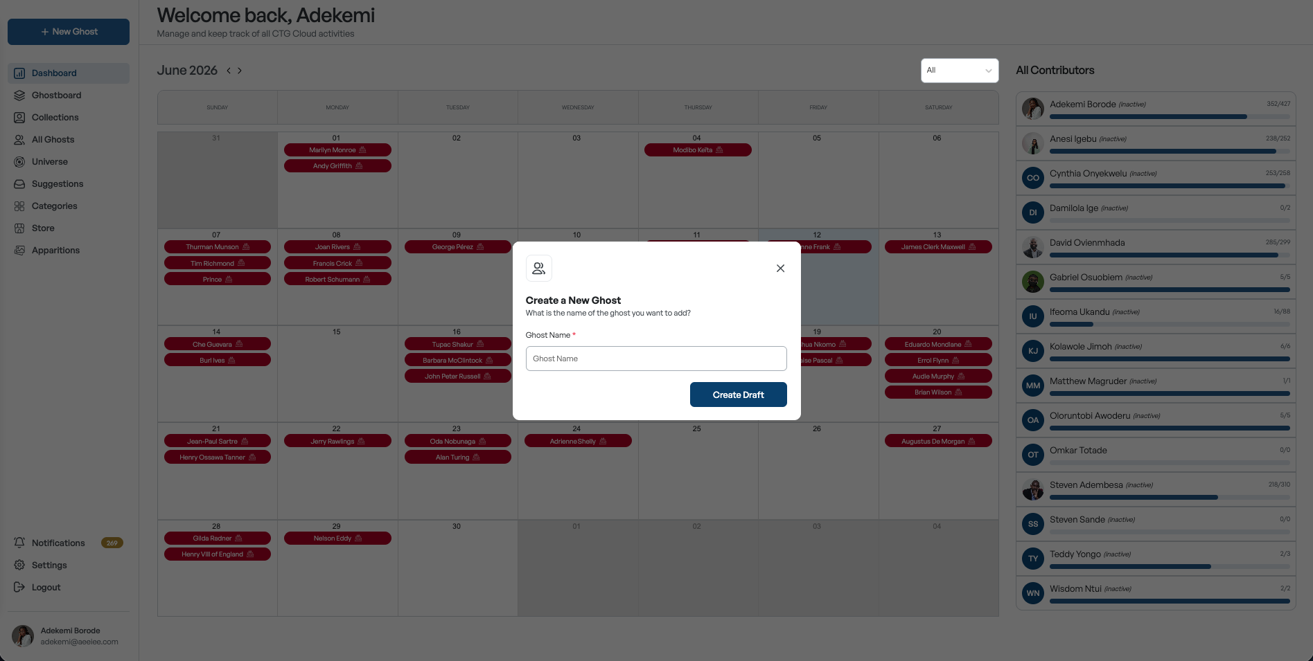 Catch the Ghost Cloud dashboard