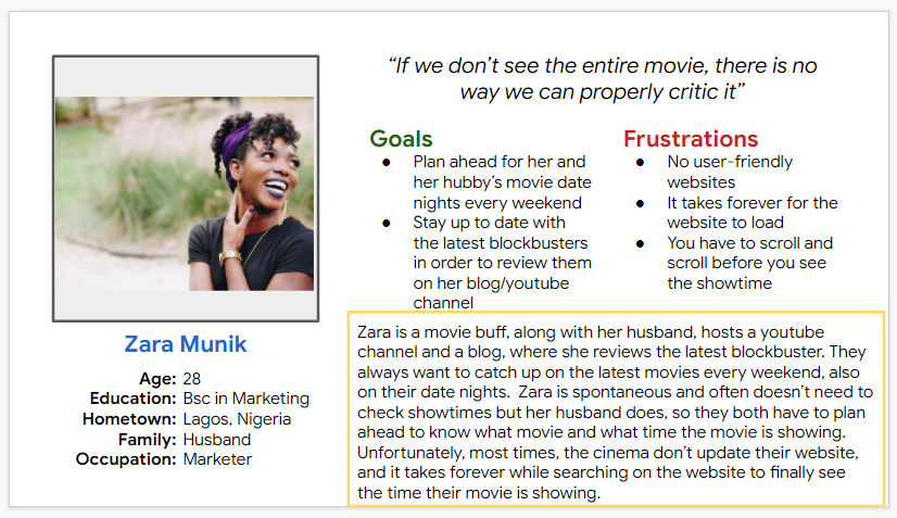 User persona — Zara Munik, 28, marketer and movie reviewer in Lagos