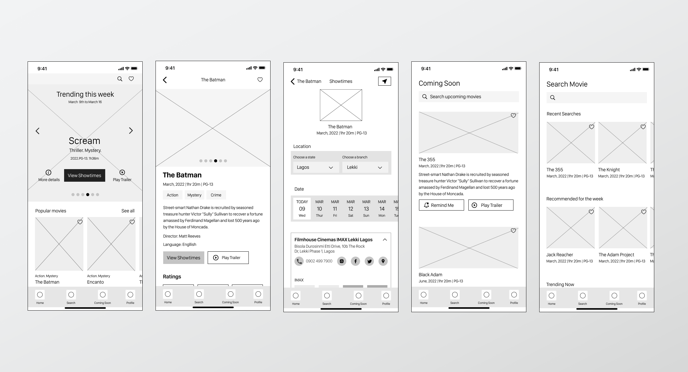 Digital wireframes for five core ShowApp screens