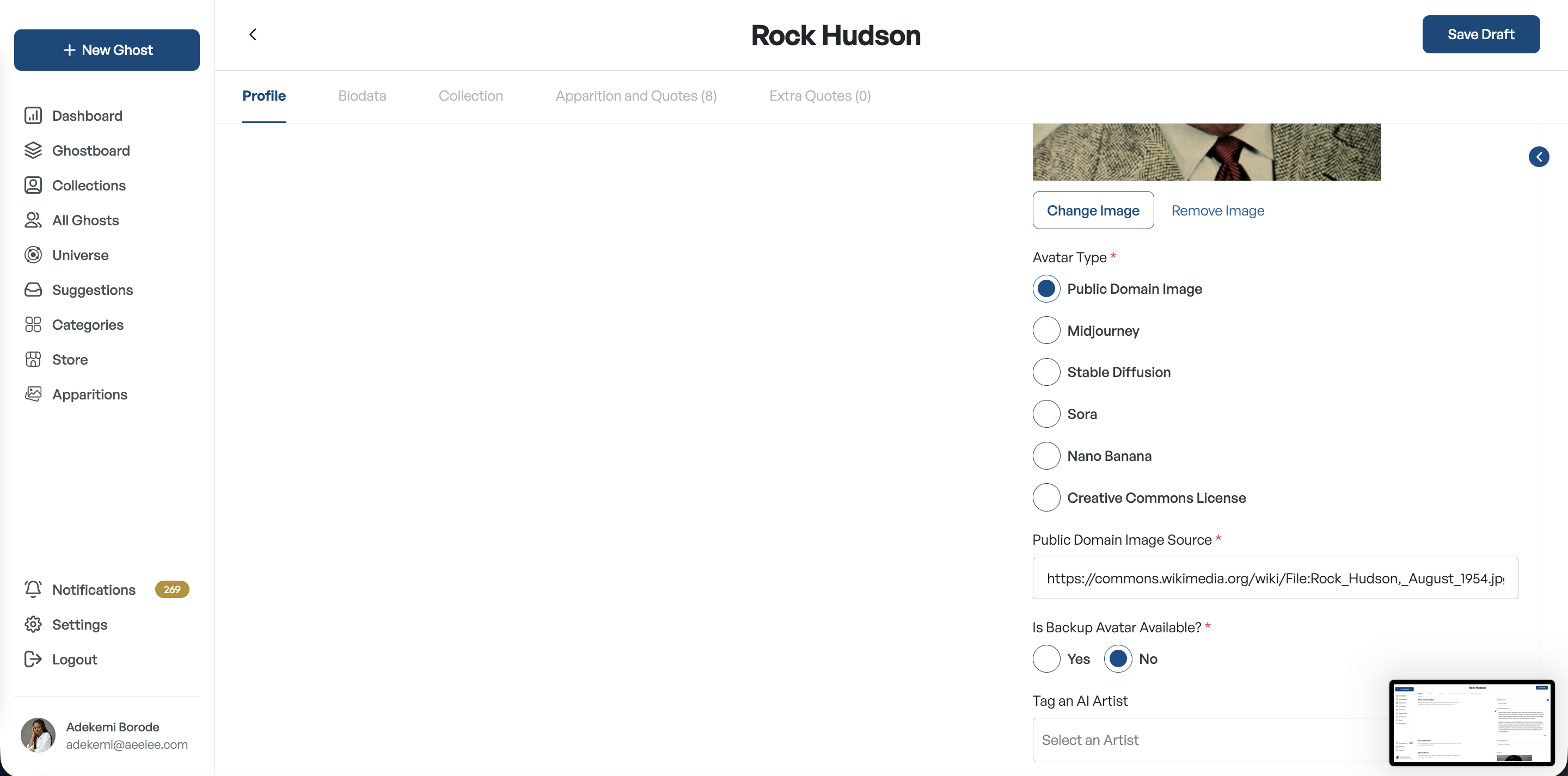 Create form — Profile: avatar and image type